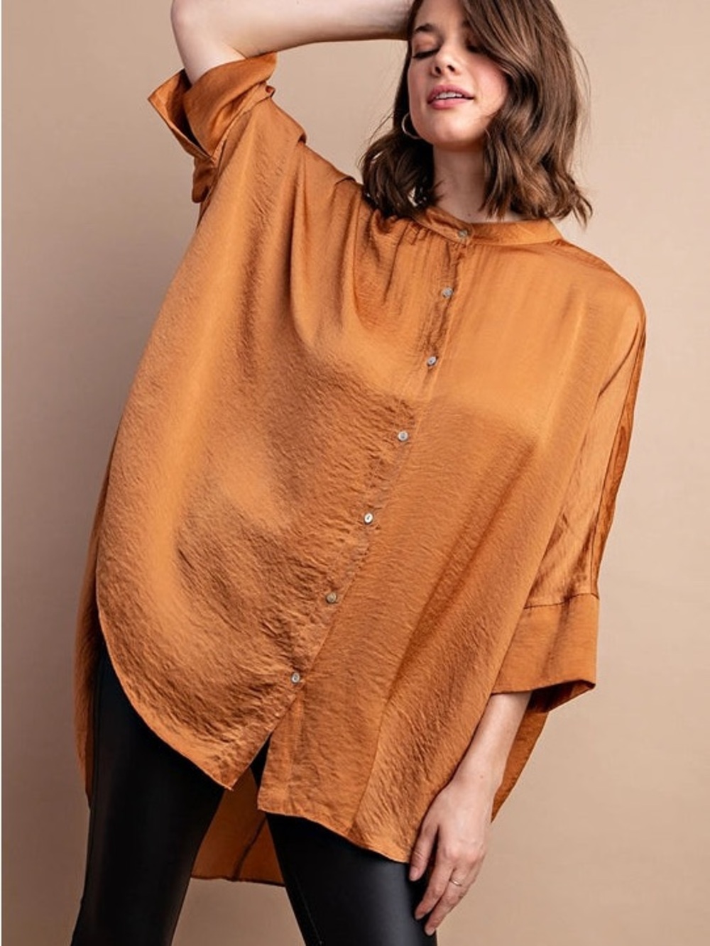 Plus Size Washed Satin Button Down Loose Fit Bronze Tunic Top Shirt New 1X